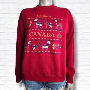 Vintage Edmonton Alberta Canada Red Crewneck Animal Print Pullover Size M